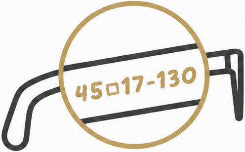 Example of the lens width, bridge, and temple length numbers printed inside glasses